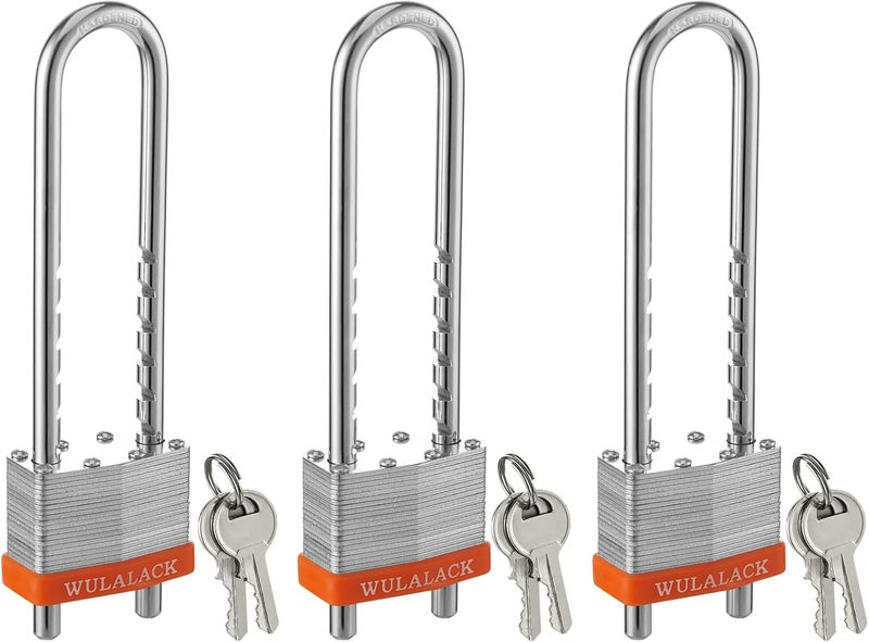 WULALACK Locks with Keys, 2 inch Wide Laminated Steel Keyed Padlock with Adjustable Shackle, Long Padlocks with Same Key,3 Pack - Image 1